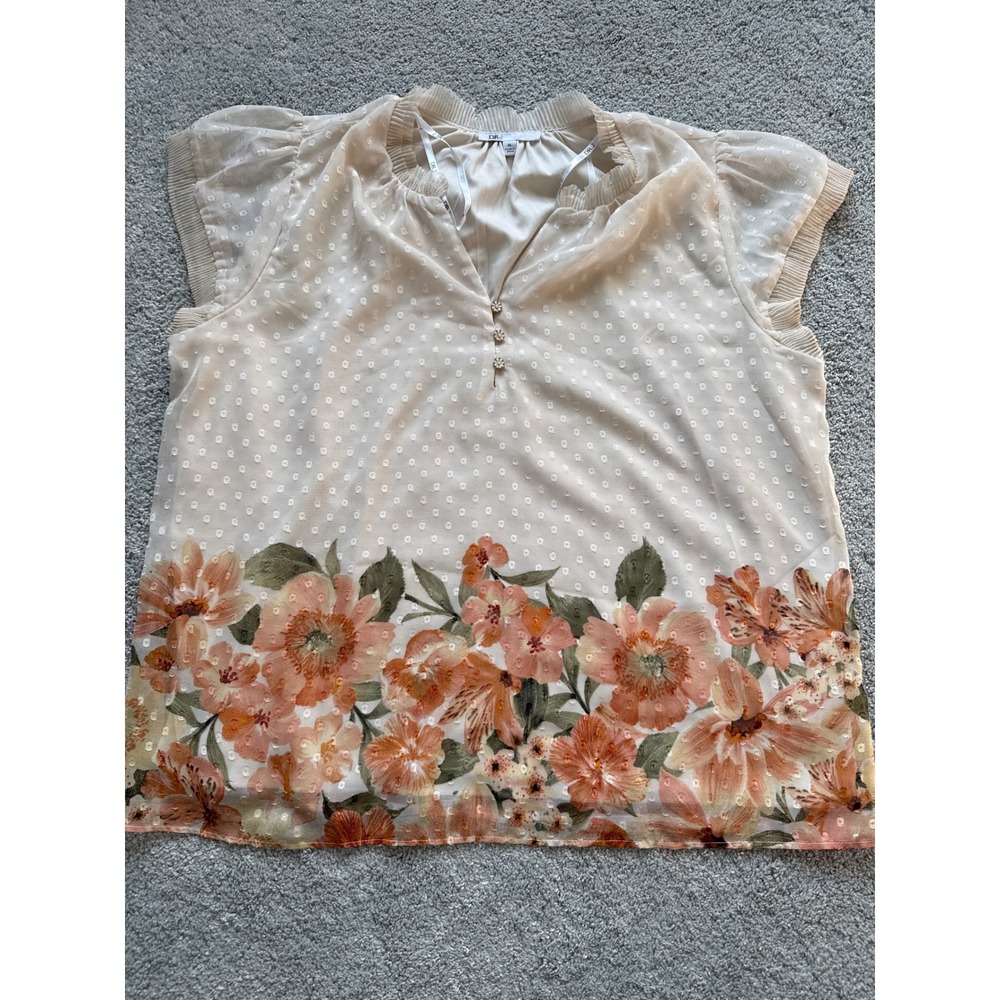 DR2 Women Cream Swiss Dot Floral Border Flutter Sleeve Blouse XL Sheer Lined